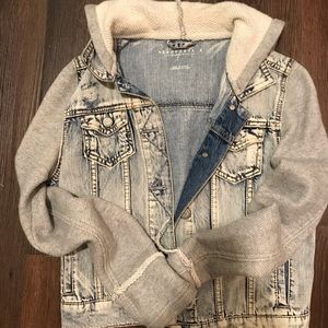 Distressed jean jacket with built in hoodie